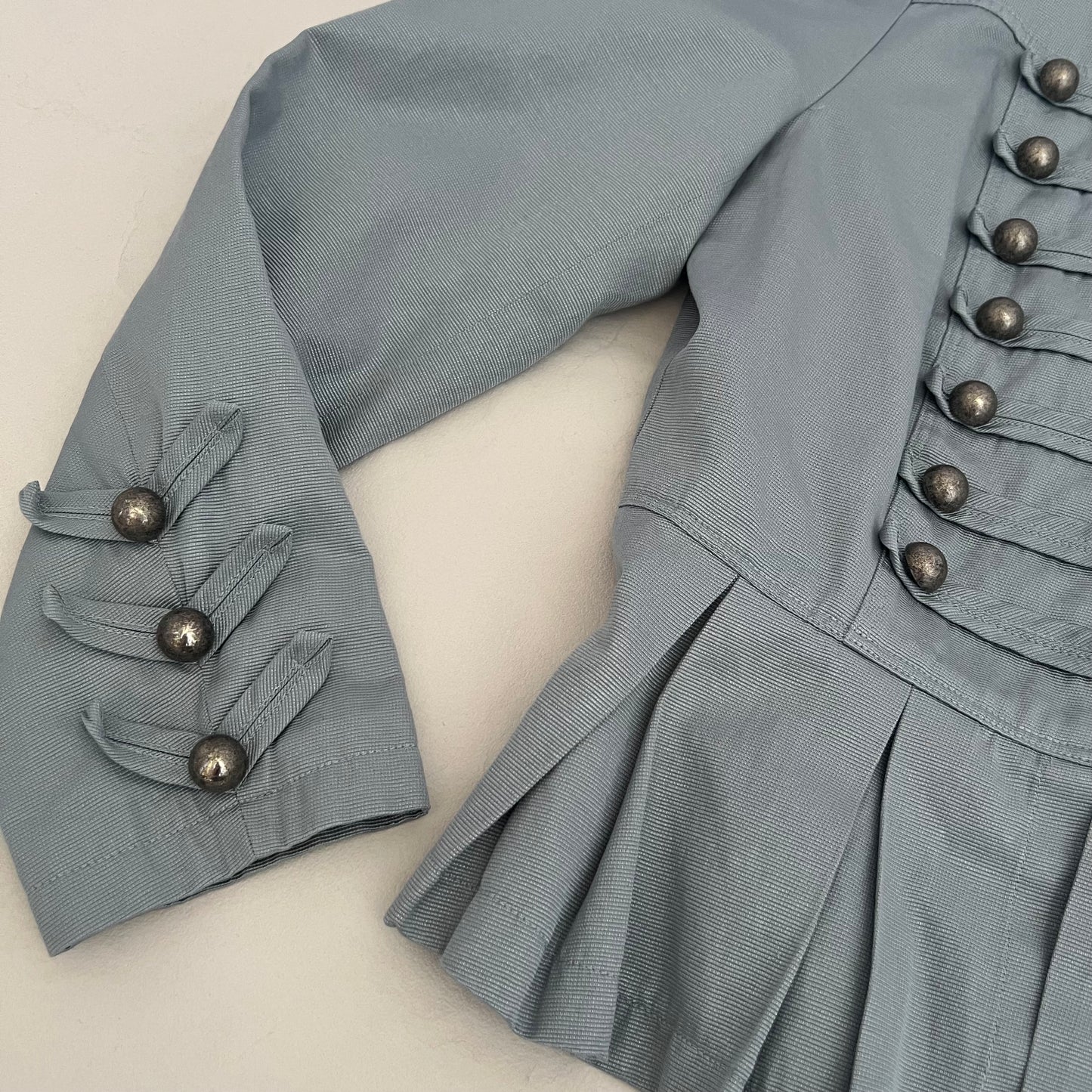 Turquoise Bonprix Military Mandarin Collar Long Sleeve Pleated Flared Hem Jacket