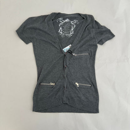 Grey Cop Copine White Ornate Graphic Zip Pocket Short Sleeve Cardigan Top