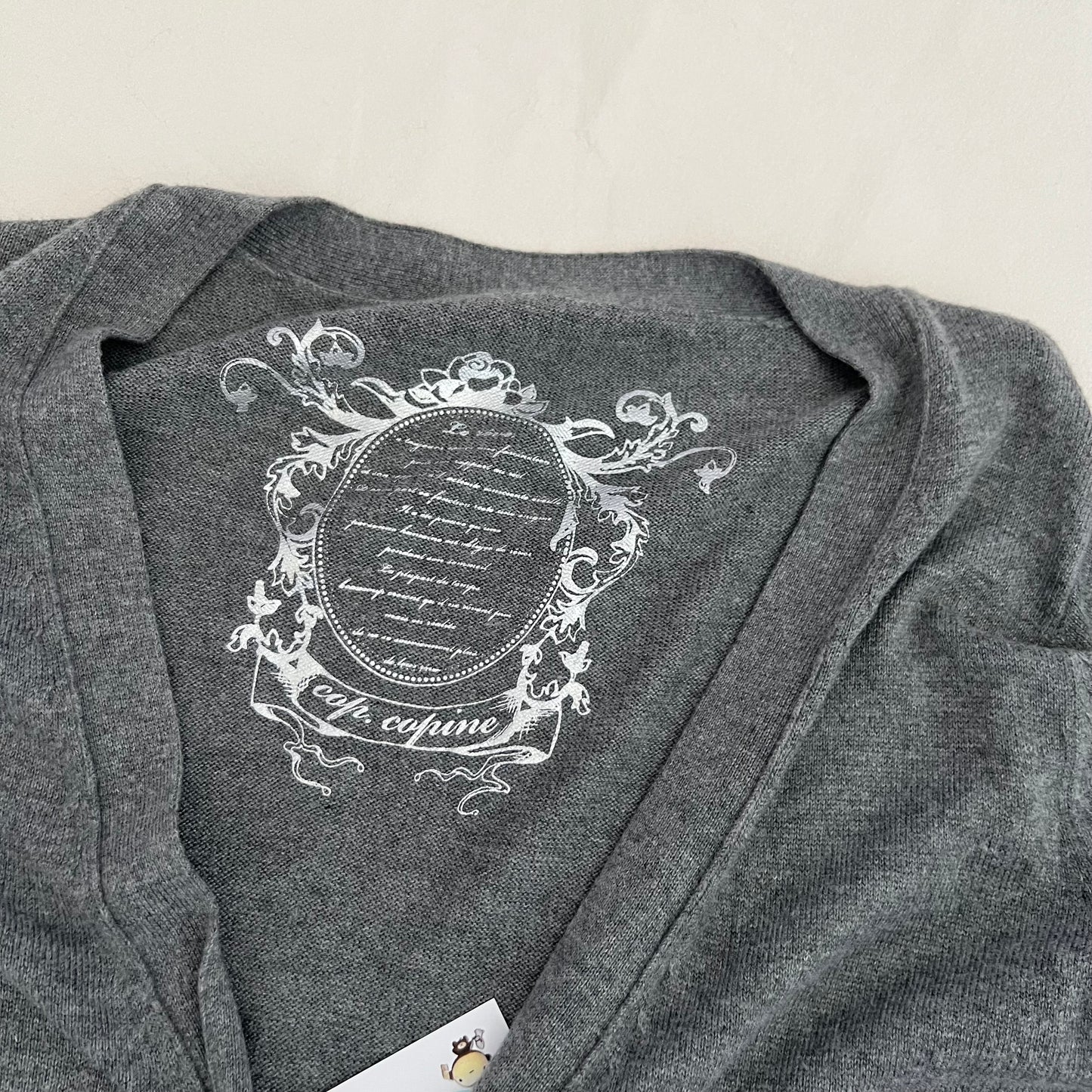 Grey Cop Copine White Ornate Graphic Zip Pocket Short Sleeve Cardigan Top