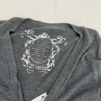 Grey Cop Copine White Ornate Graphic Zip Pocket Short Sleeve Cardigan Top