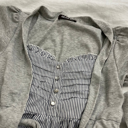 glam 2nd grey short sleeve faux layered cardigan striped babydoll top two in one