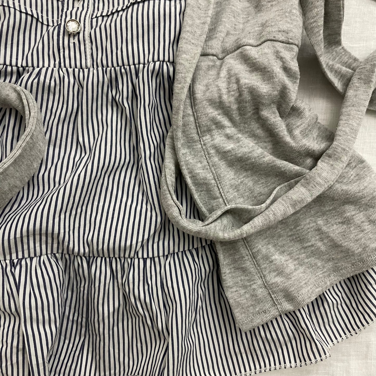 glam 2nd grey short sleeve faux layered cardigan striped babydoll top two in one