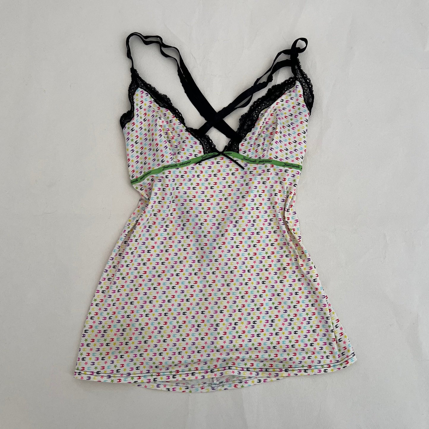 Just Cavalli Spring Pastel White Multi Colour Monogram Lacey Trim Bow Camisole
