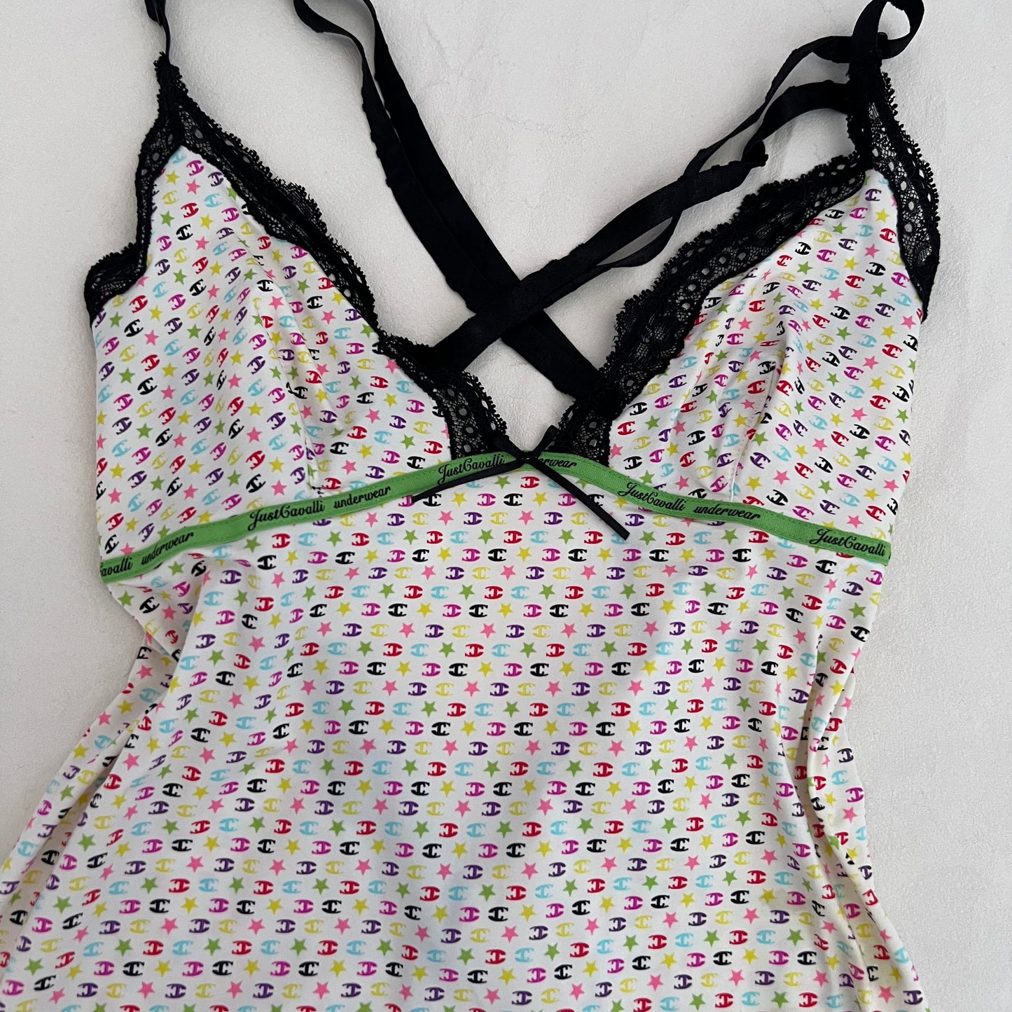 Just Cavalli Spring Pastel White Multi Colour Monogram Lacey Trim Bow Camisole