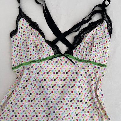 Just Cavalli Spring Pastel White Multi Colour Monogram Lacey Trim Bow Camisole
