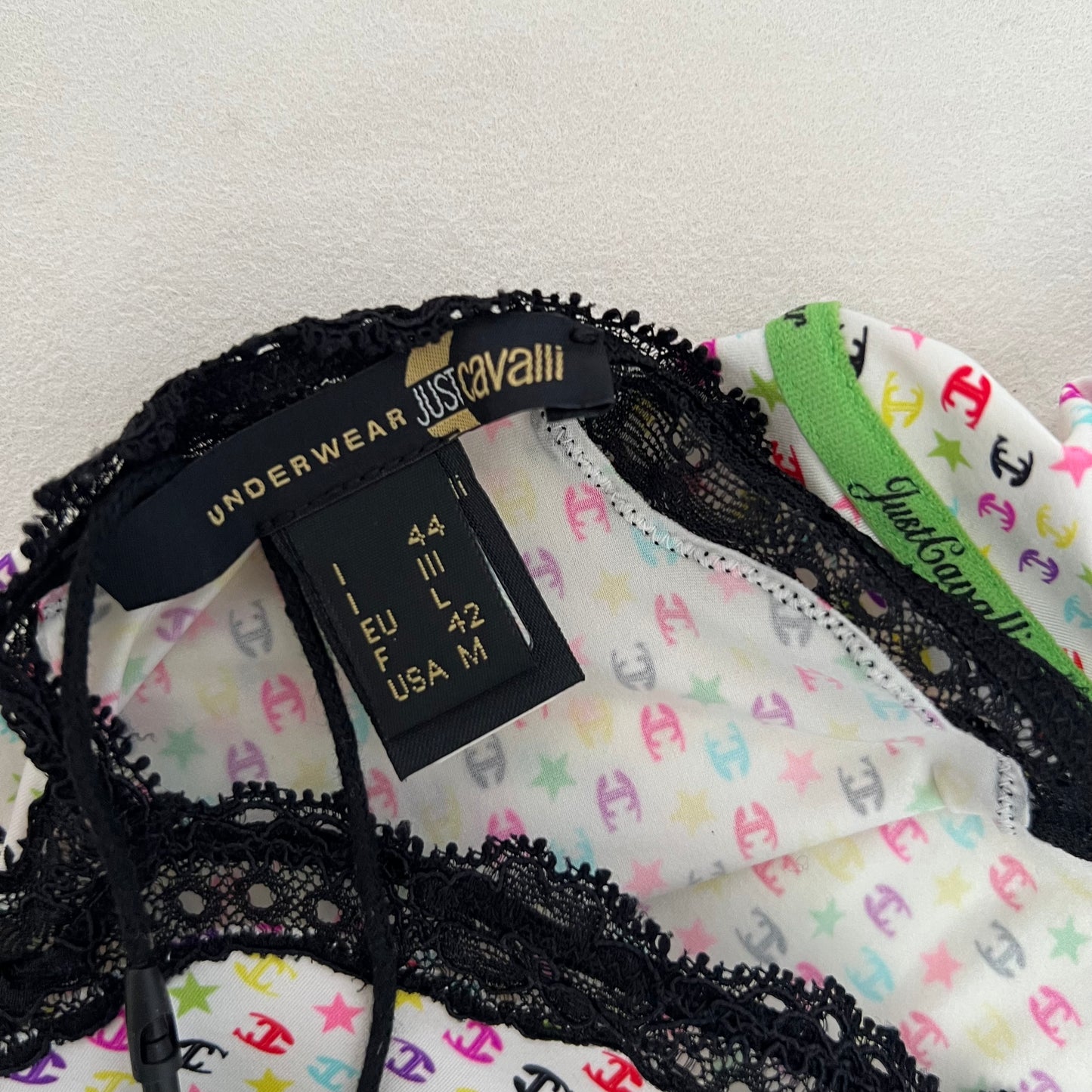 Just Cavalli Spring Pastel White Multi Colour Monogram Lacey Trim Bow Camisole