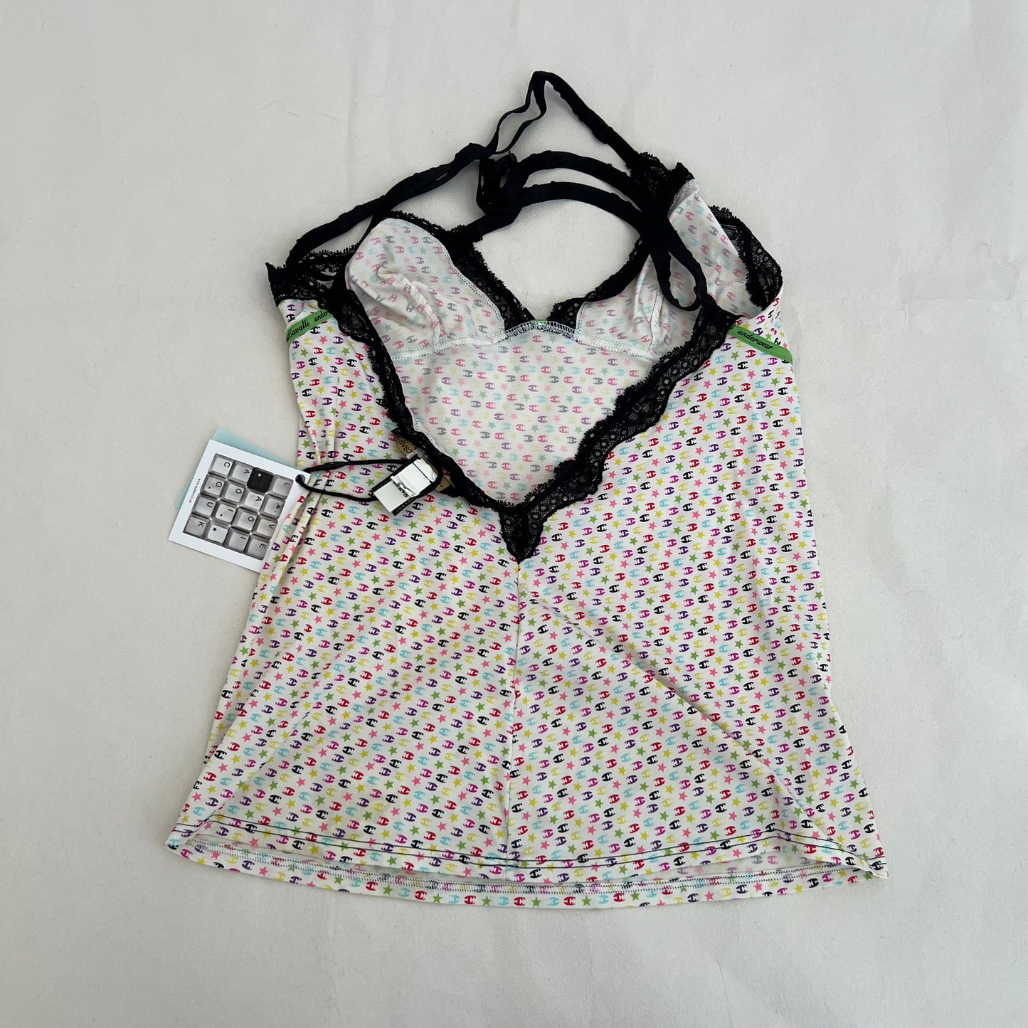 Just Cavalli Spring Pastel White Multi Colour Monogram Lacey Trim Bow Camisole