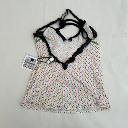 Just Cavalli Spring Pastel White Multi Colour Monogram Lacey Trim Bow Camisole