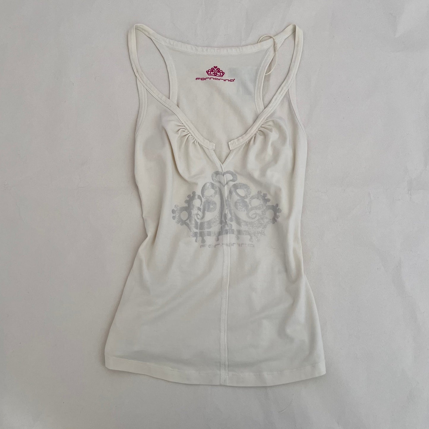 Fornarina White Silver Ornate Graphic Ribbed Vest Top