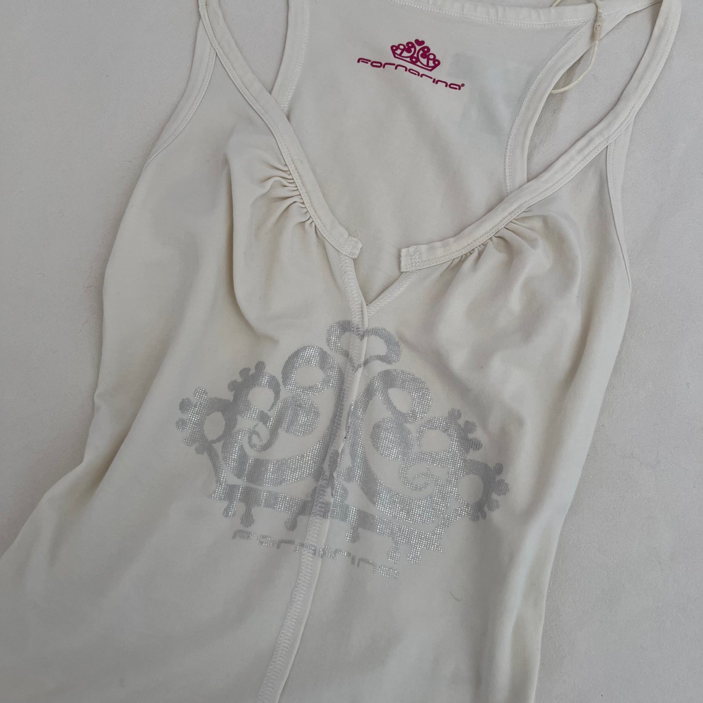 Fornarina White Silver Ornate Graphic Ribbed Vest Top