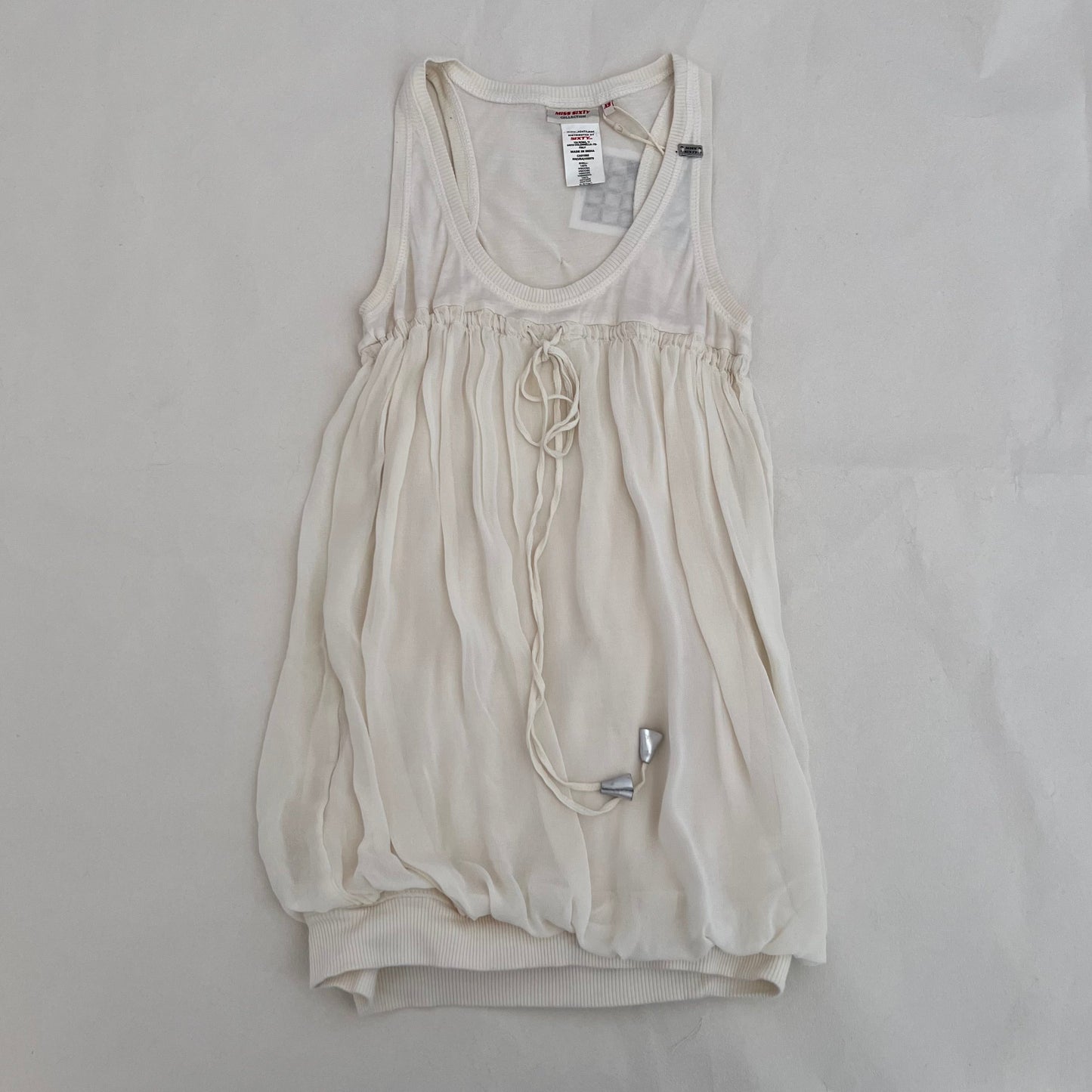 Miss Sixty White Ribbed Puff Hem Mixed Material Blouson Vest Top
