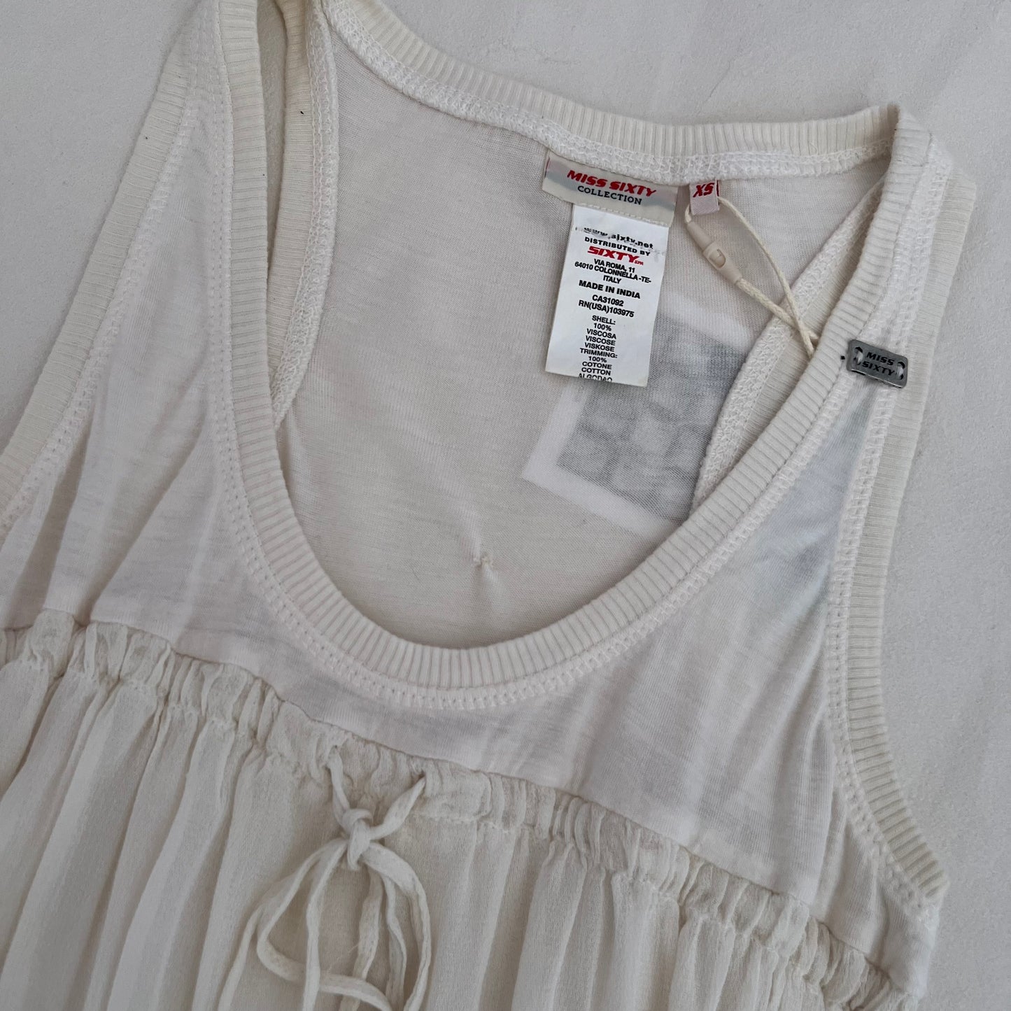 Miss Sixty White Ribbed Puff Hem Mixed Material Blouson Vest Top