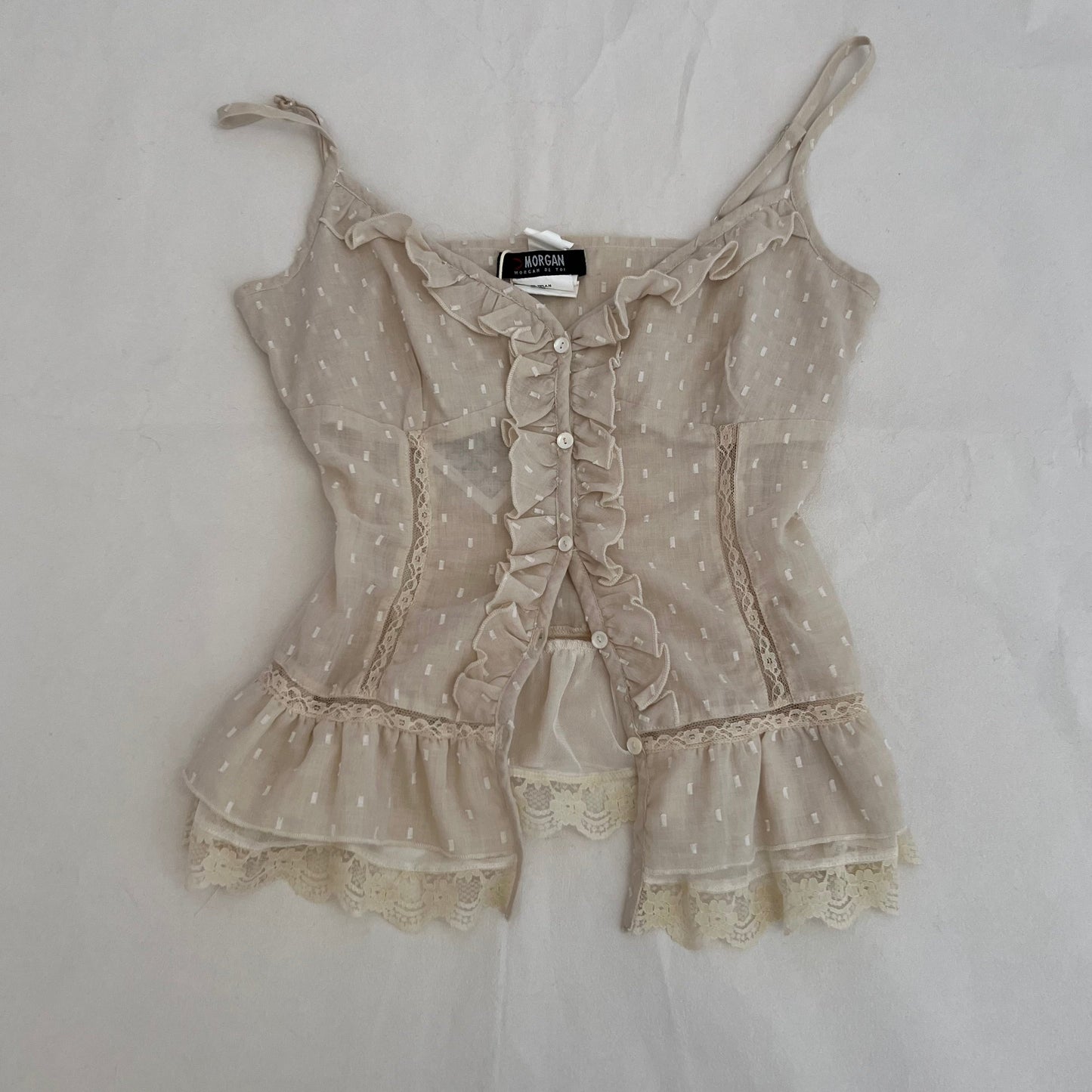 Morgan De Toi Beige Ruffle Lace Button Accent Camisole