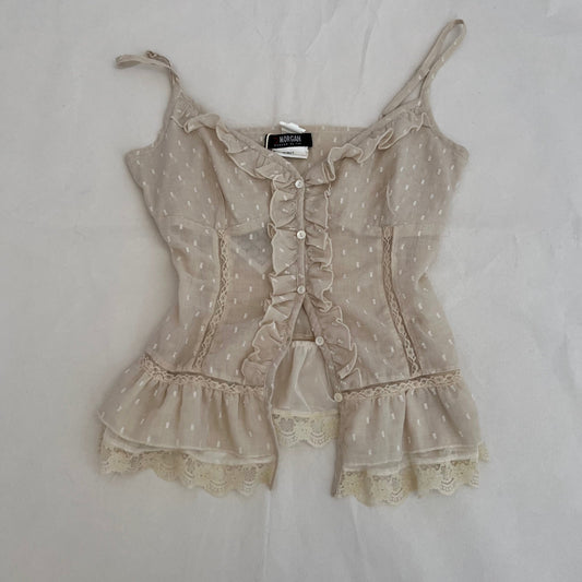 Morgan De Toi Beige Ruffle Lace Button Accent Camisole