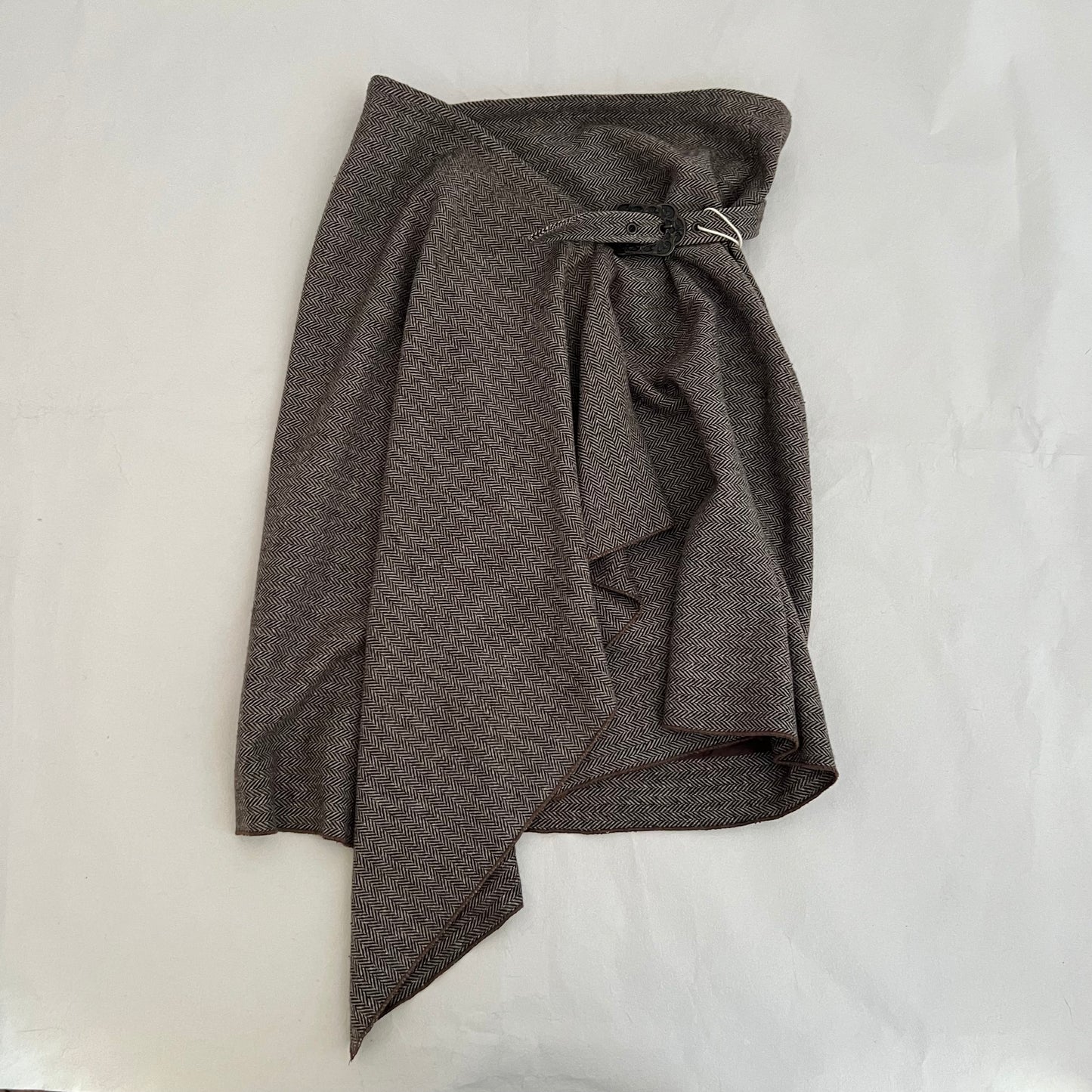 Brown Herringbone Tweed Wool Blend Wrap Style Ornate Buckle Midi Skirt