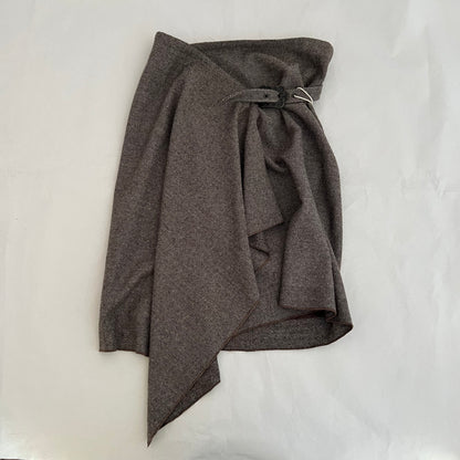 Brown Herringbone Tweed Wool Blend Wrap Style Ornate Buckle Midi Skirt