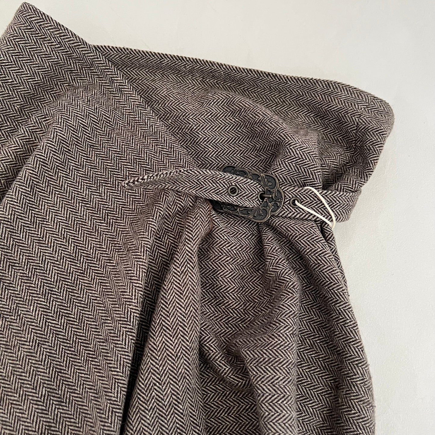 Brown Herringbone Tweed Wool Blend Wrap Style Ornate Buckle Midi Skirt