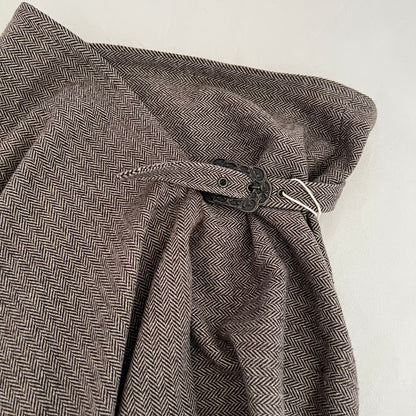Brown Herringbone Tweed Wool Blend Wrap Style Ornate Buckle Midi Skirt