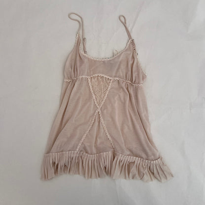 Kookai Ivory Pink Lace Picot Trim Pleated Babydoll Camisole