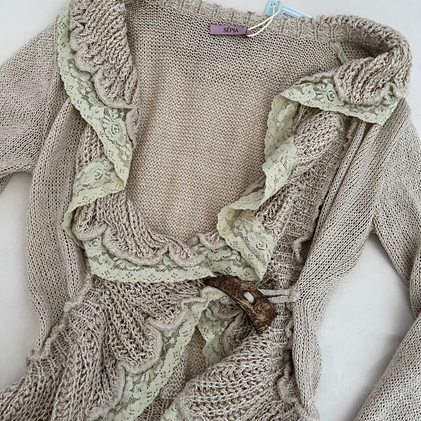 Sepia Pink Beige Cream Frilly Lace Wrap Belt Loop 3/4 Sleeve Crop Cardigan Top