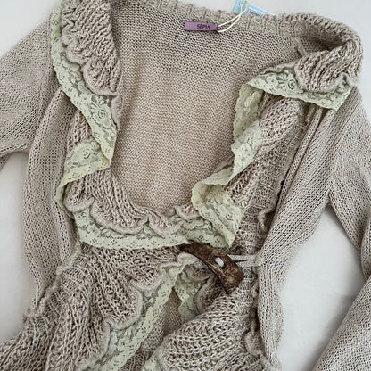 Sepia Pink Beige Cream Frilly Lace Wrap Belt Loop 3/4 Sleeve Crop Cardigan Top