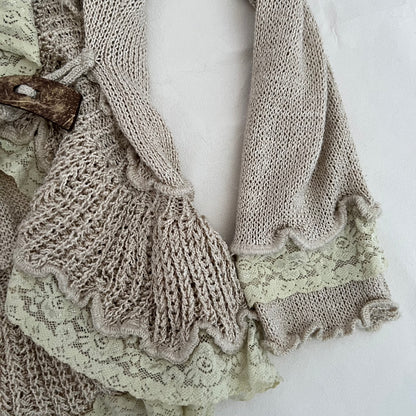 Sepia Pink Beige Cream Frilly Lace Wrap Belt Loop 3/4 Sleeve Crop Cardigan Top