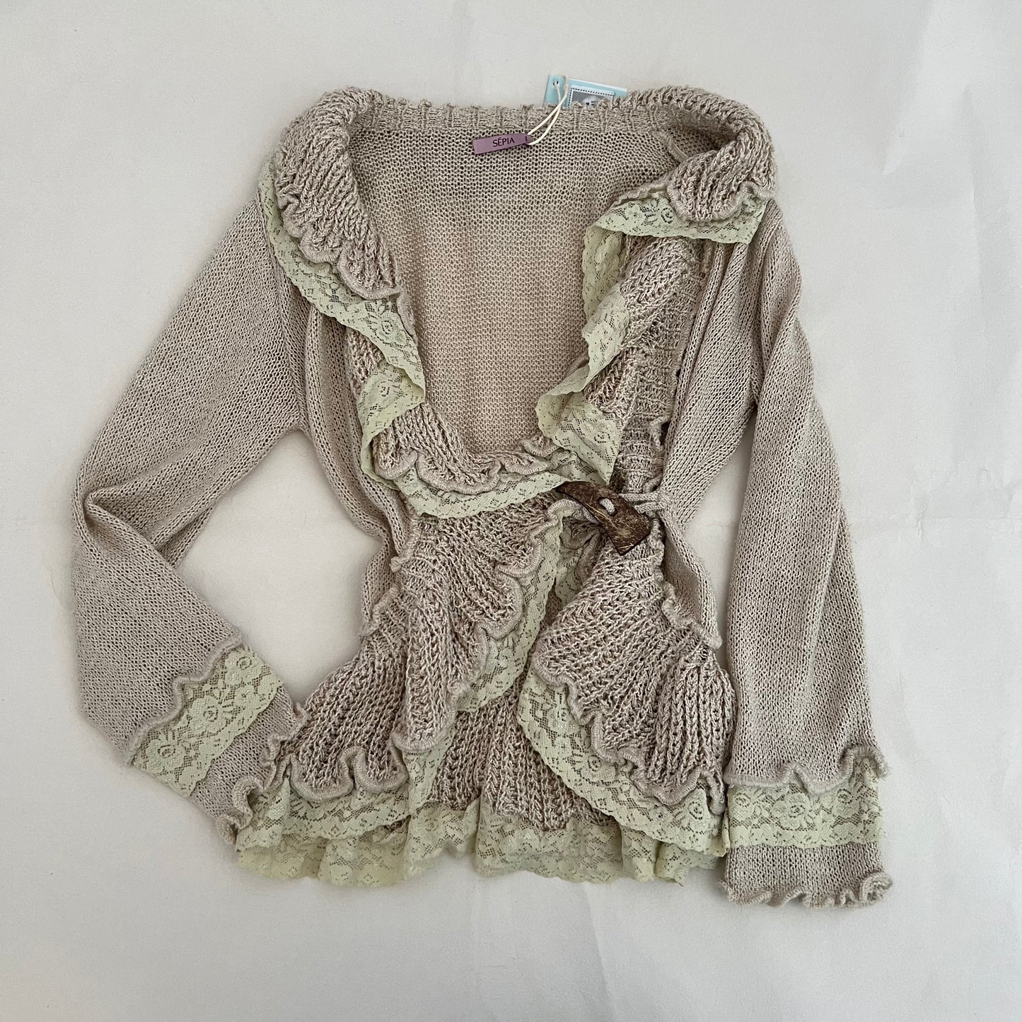 Sepia Pink Beige Cream Frilly Lace Wrap Belt Loop 3/4 Sleeve Crop Cardigan Top