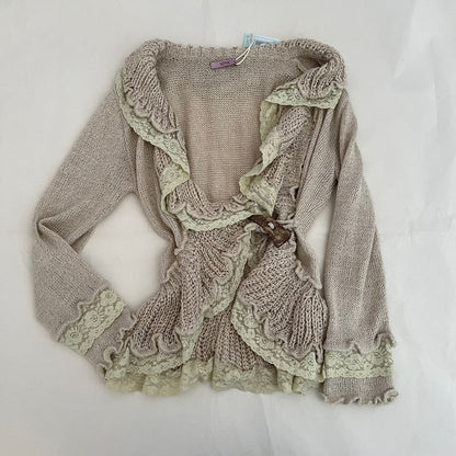 Sepia Pink Beige Cream Frilly Lace Wrap Belt Loop 3/4 Sleeve Crop Cardigan Top