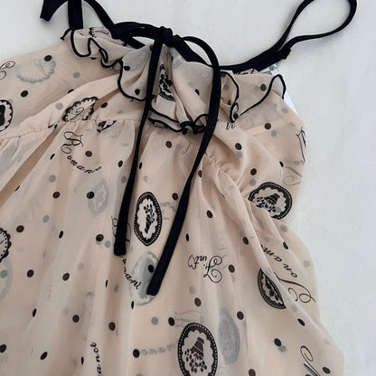 Ivory Peach Black Coquette Ornate Frame Graphic Frill Ribbon Flared Camisole