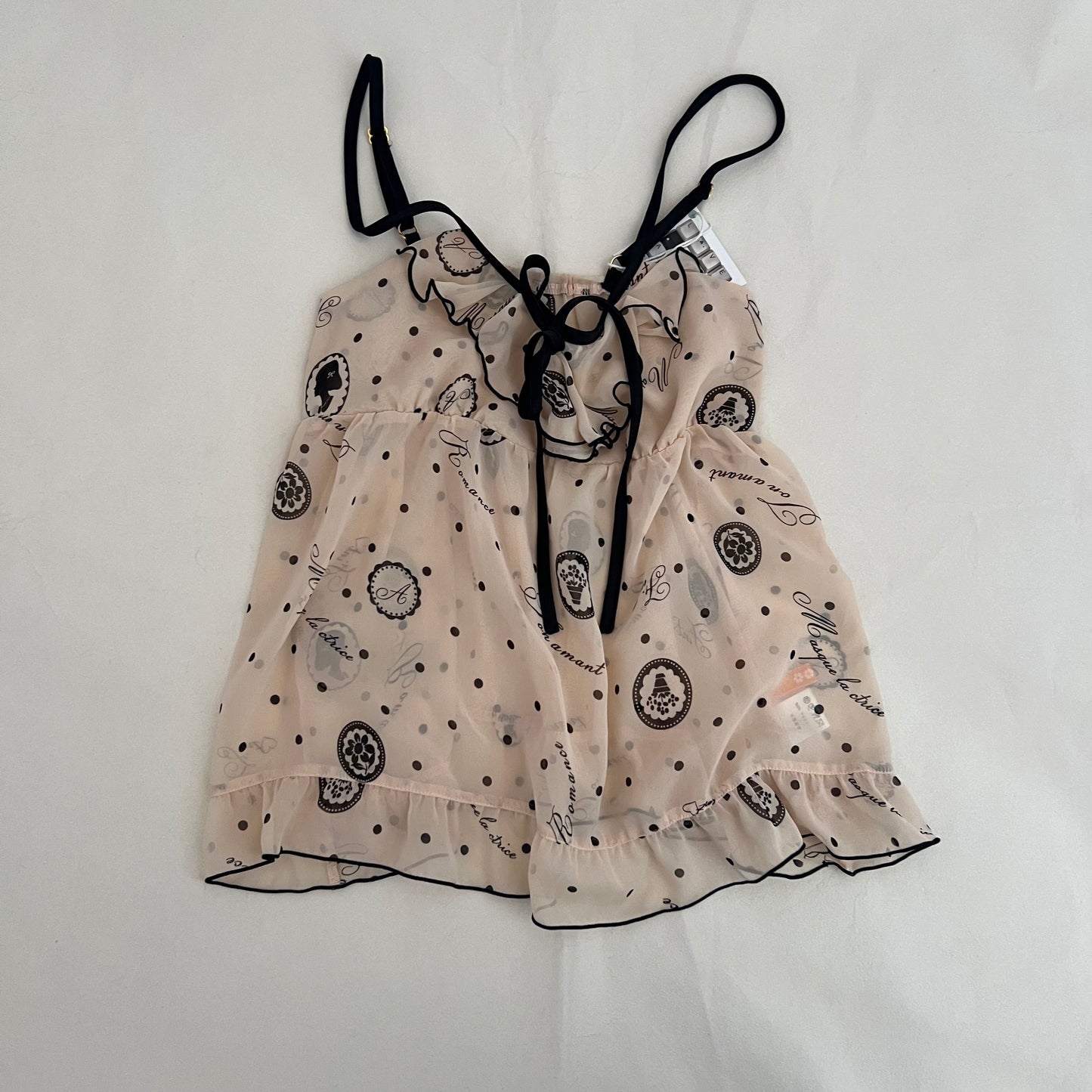 Ivory Peach Black Coquette Ornate Frame Graphic Frill Ribbon Flared Camisole