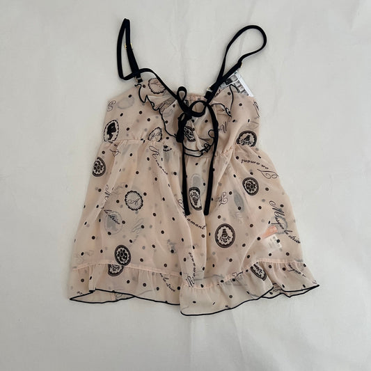 Ivory Peach Black Coquette Ornate Frame Graphic Frill Ribbon Flared Camisole