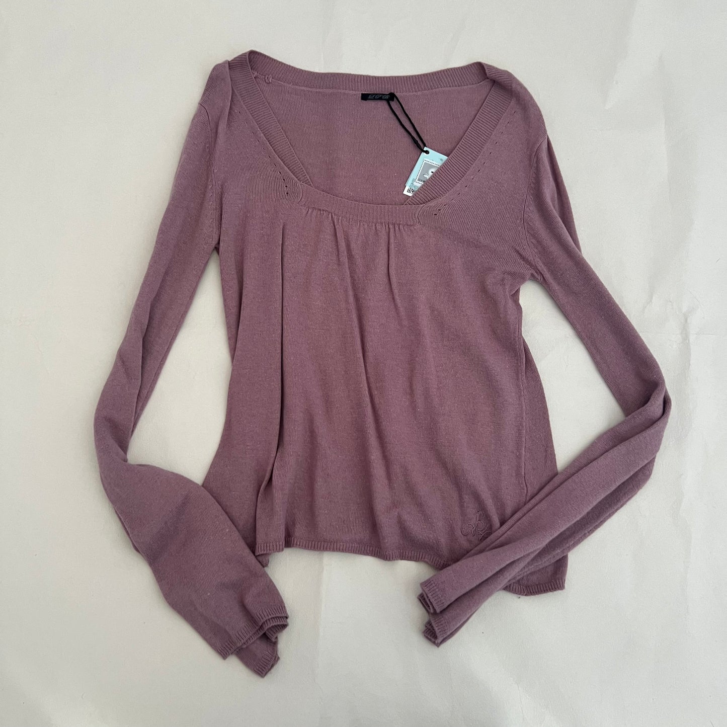 Les Petite Bombes Dusty Pink Square Neck Mother of Pearl Button Long Sleeve Knit Top