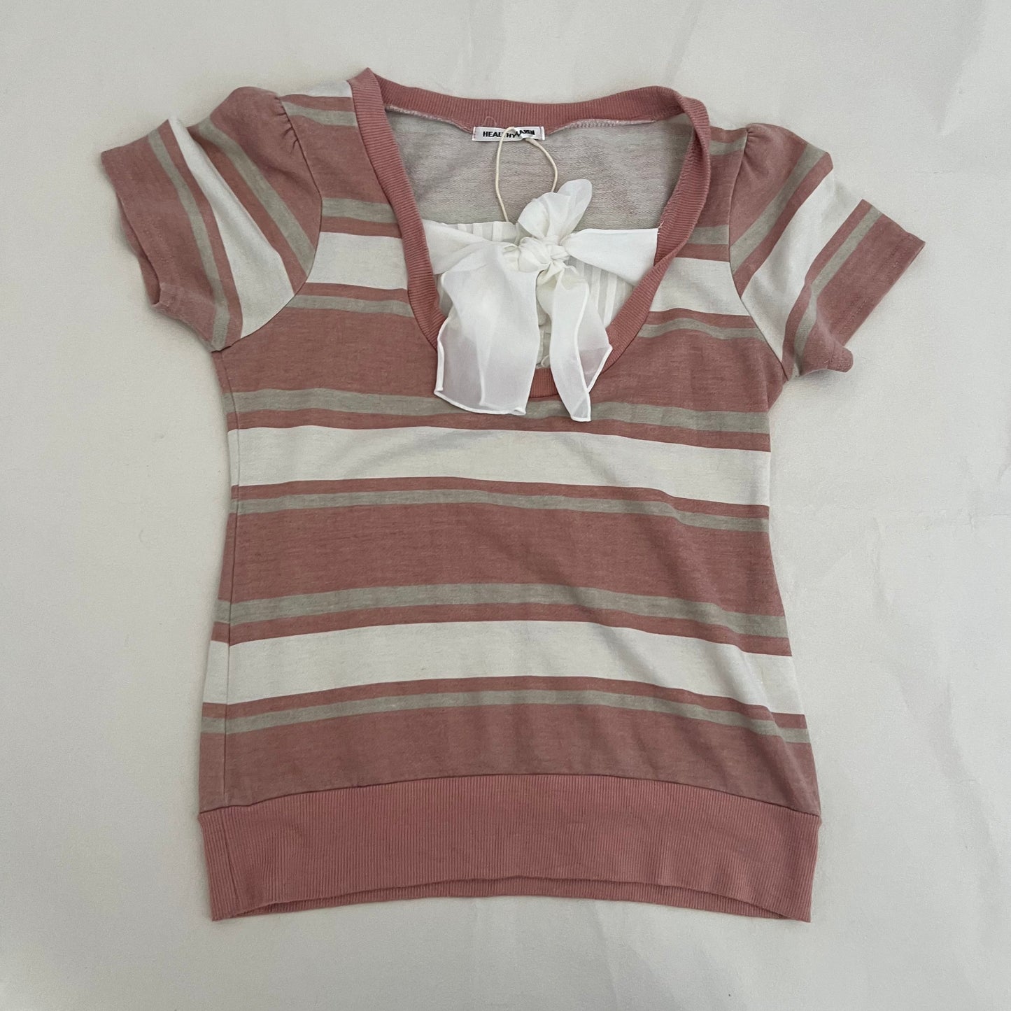 Healthy Karen Dusty Pink Candy Striped Milkmaid Ribbon Two in One Short Sleeve Top
