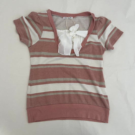 Healthy Karen Dusty Pink Candy Striped Milkmaid Ribbon Two in One Short Sleeve Top