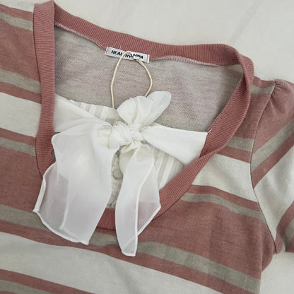 Healthy Karen Dusty Pink Candy Striped Milkmaid Ribbon Two in One Short Sleeve Top