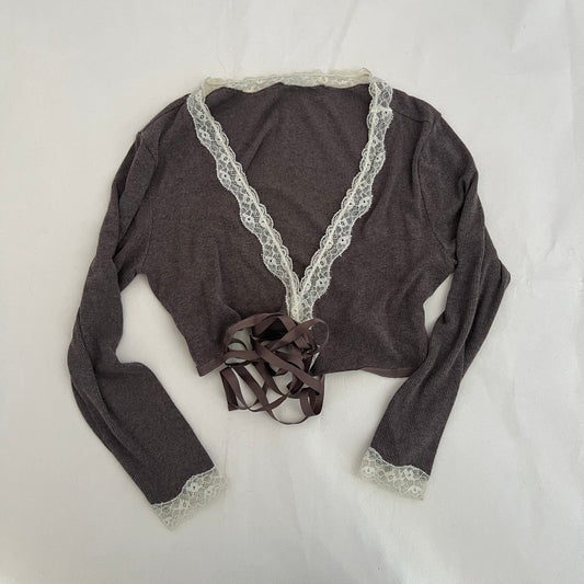 Rosapois Brown Ribbed Knit Lace Trim Crop Bolero Cardigan Top