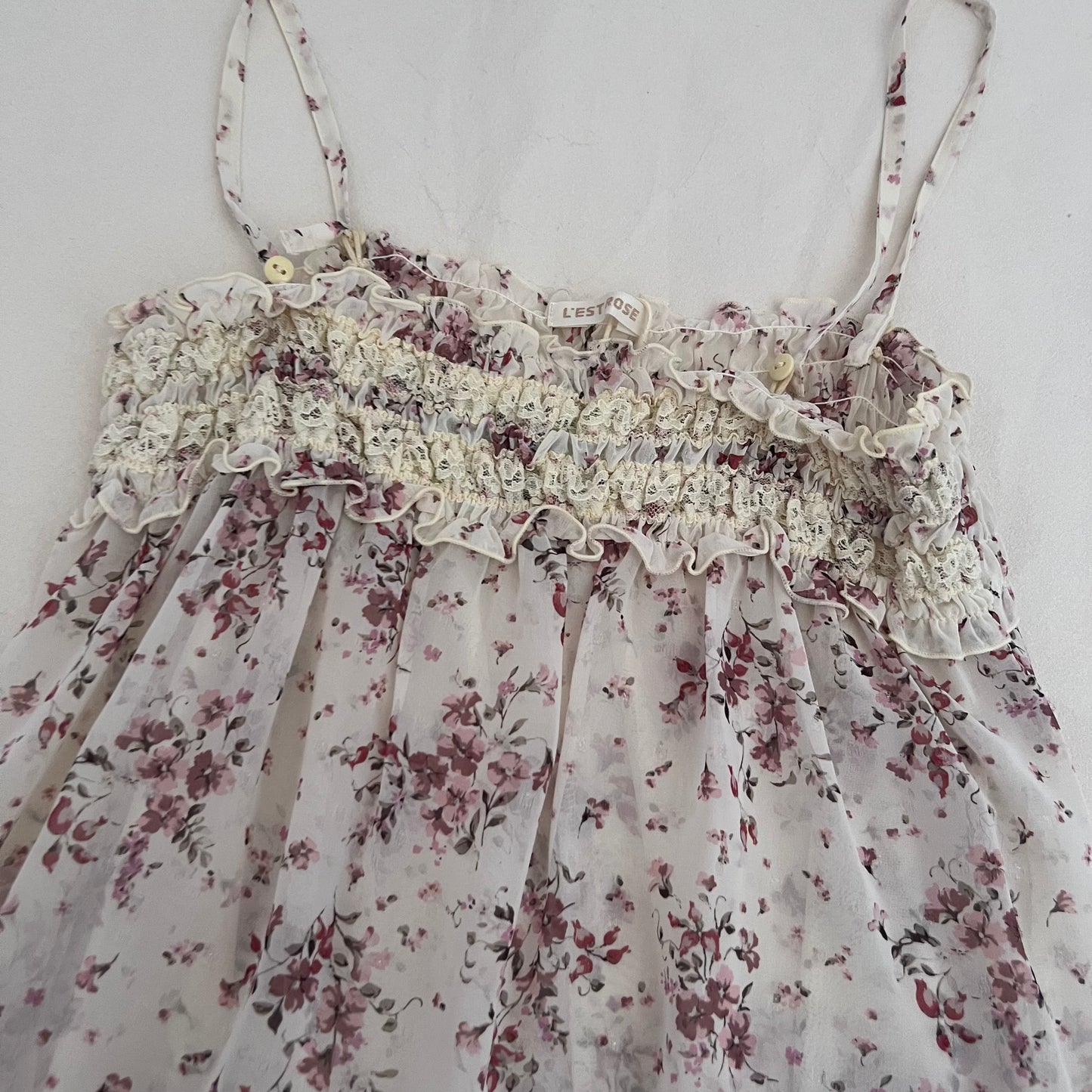 L'est Rose Floral Sheer Ruched Bust Babydoll Tunic Camisole Top