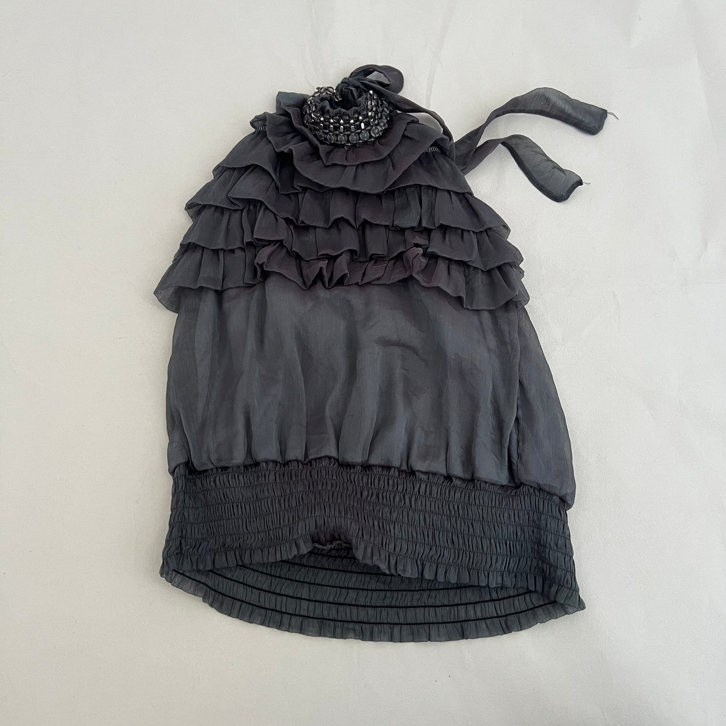 Dark Green Grey Ruffle Beaded Collar Halterneck Open Back Sleeveless Tunic Blouse