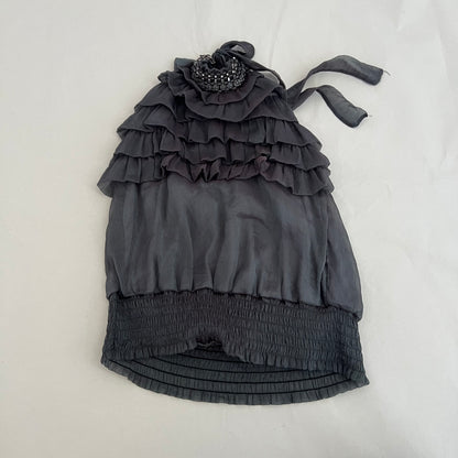 Dark Green Grey Ruffle Beaded Collar Halterneck Open Back Sleeveless Tunic Blouse