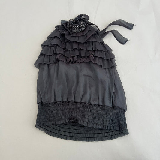 Dark Green Grey Ruffle Beaded Collar Halterneck Open Back Sleeveless Tunic Blouse