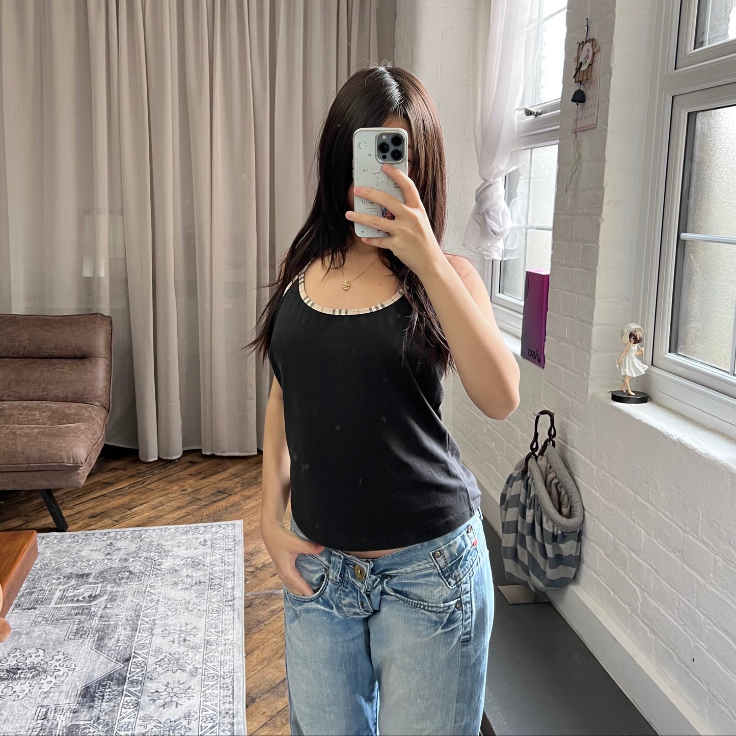 burberry black halterneck camisole with nova check ribbon strap