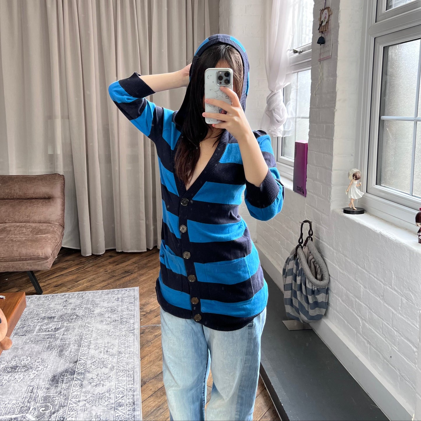 burberry blue label preppy blue black striped short sleeve long hooded cardigan