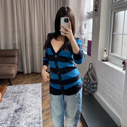 burberry blue label preppy blue black striped short sleeve long hooded cardigan