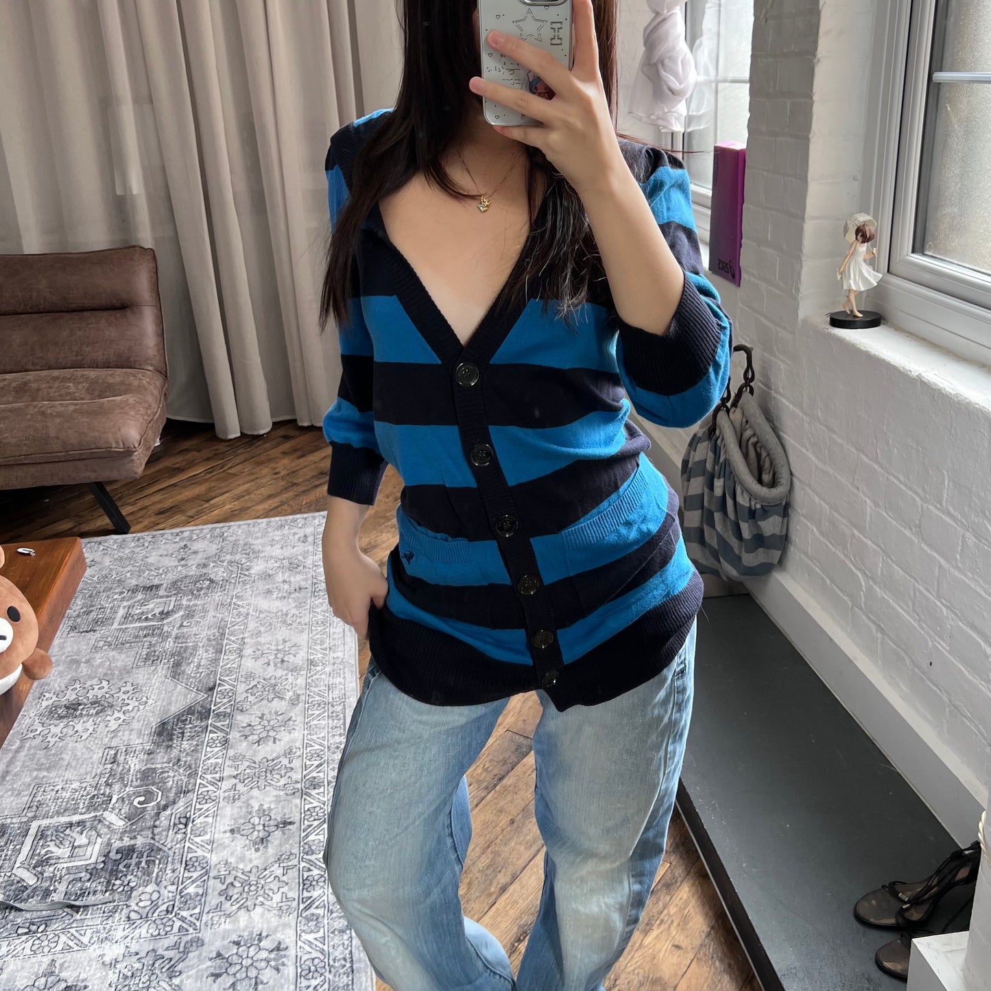 burberry blue label preppy blue black striped short sleeve long hooded cardigan