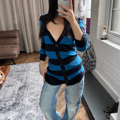 burberry blue label preppy blue black striped short sleeve long hooded cardigan