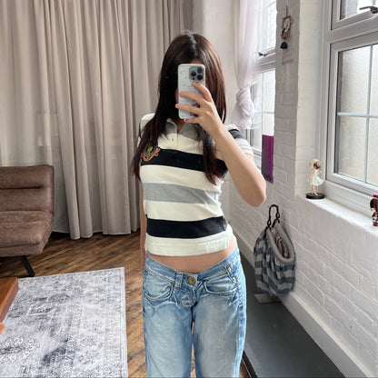 a bathing ape preppy grey black white bape patch striped short sleeve collared polo shirt