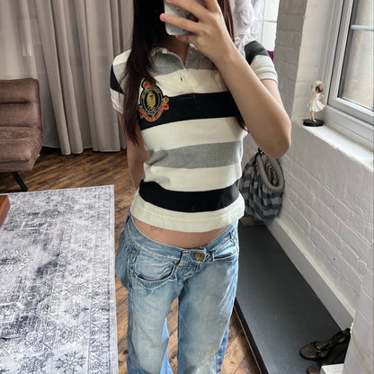 a bathing ape preppy grey black white bape patch striped short sleeve collared polo shirt