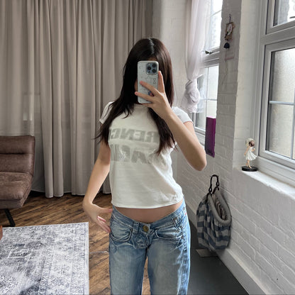 burberry blue label white cap sleeve green silver print trench mania crop top