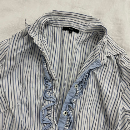 vintage kocca baby blue striped long sleeve blouse with ruffle detail