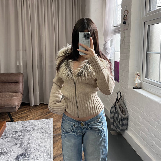 morgan de toi beige fur collar wool blend knit zip cardigan jacet